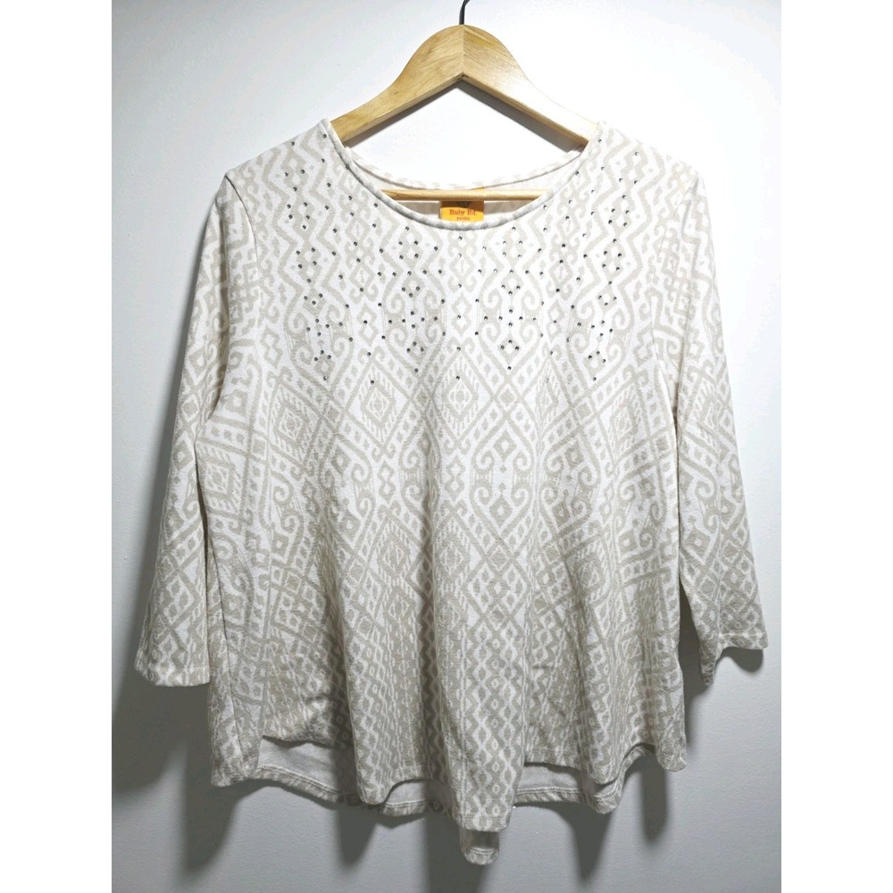 Ruby Rd Petite Womens Blouse Top Geometric Pattern Size PXL 3/4 Sleeve Rayon